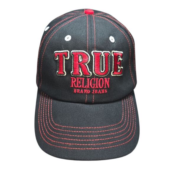 True Religion Black Red Embroidered Hat Mens Adjustable Strapback Cap Streetwear - Picture 3 of 10